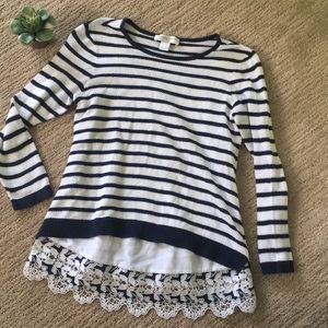 🤩BOGO.  Stripe sweater with lace detail